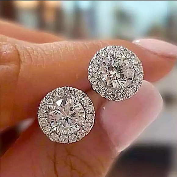 STERLING SILVER DIAMOND HALO ROUND CUT STUD EARRINGS